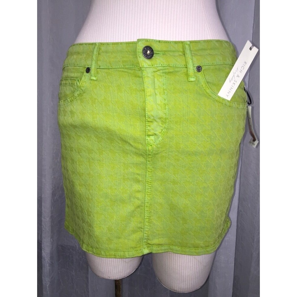 Rich & Skinny Women's Skirt Lime Green HoundsTooth Mini Skirt Size 30 NWT